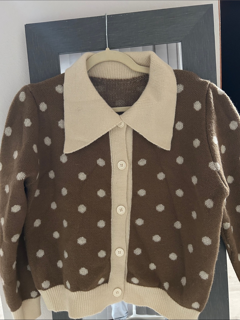 Brown and Cream Polka Dot Collar Cardigan Sweater
